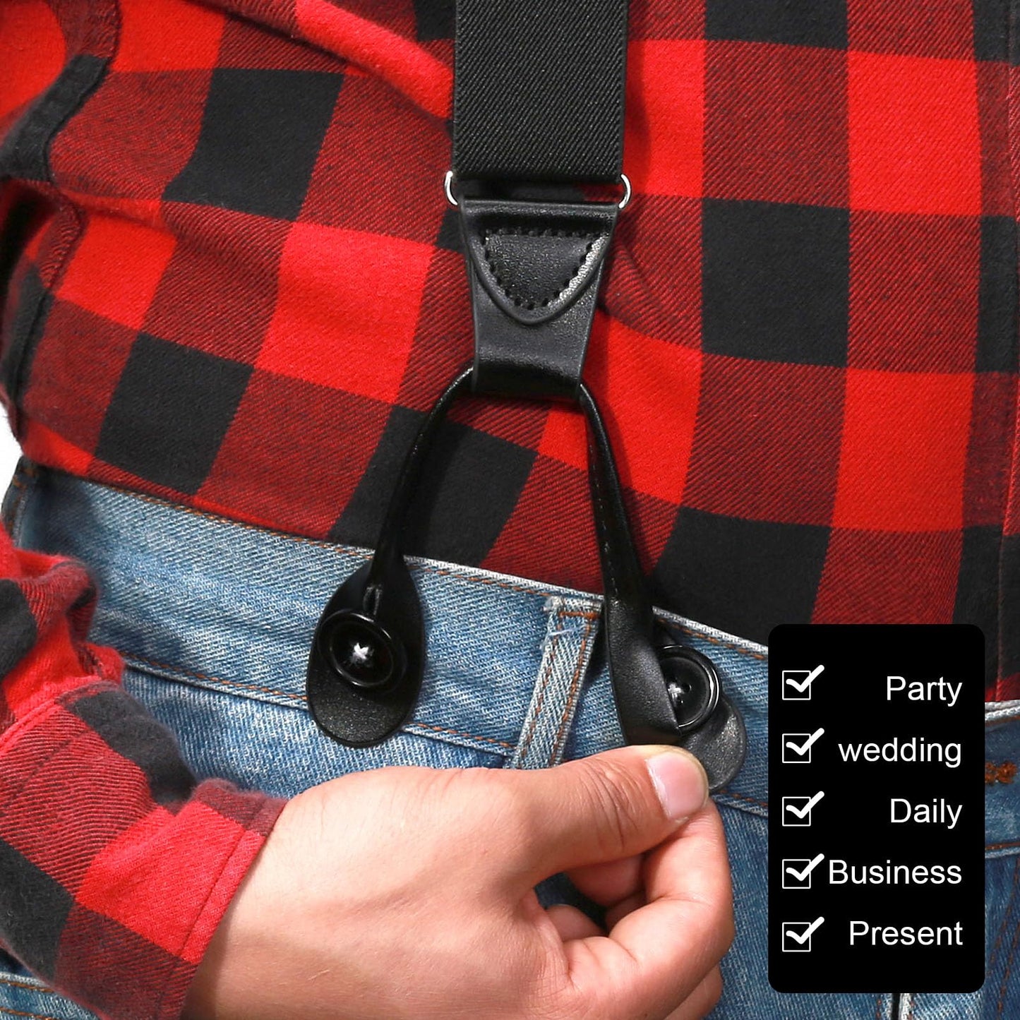 Button Suspenders for Men Y-Back 1.4 Inches Wide Leather Button End Elastic Adjustable Suspenders for Men Tuxedo Black Braces