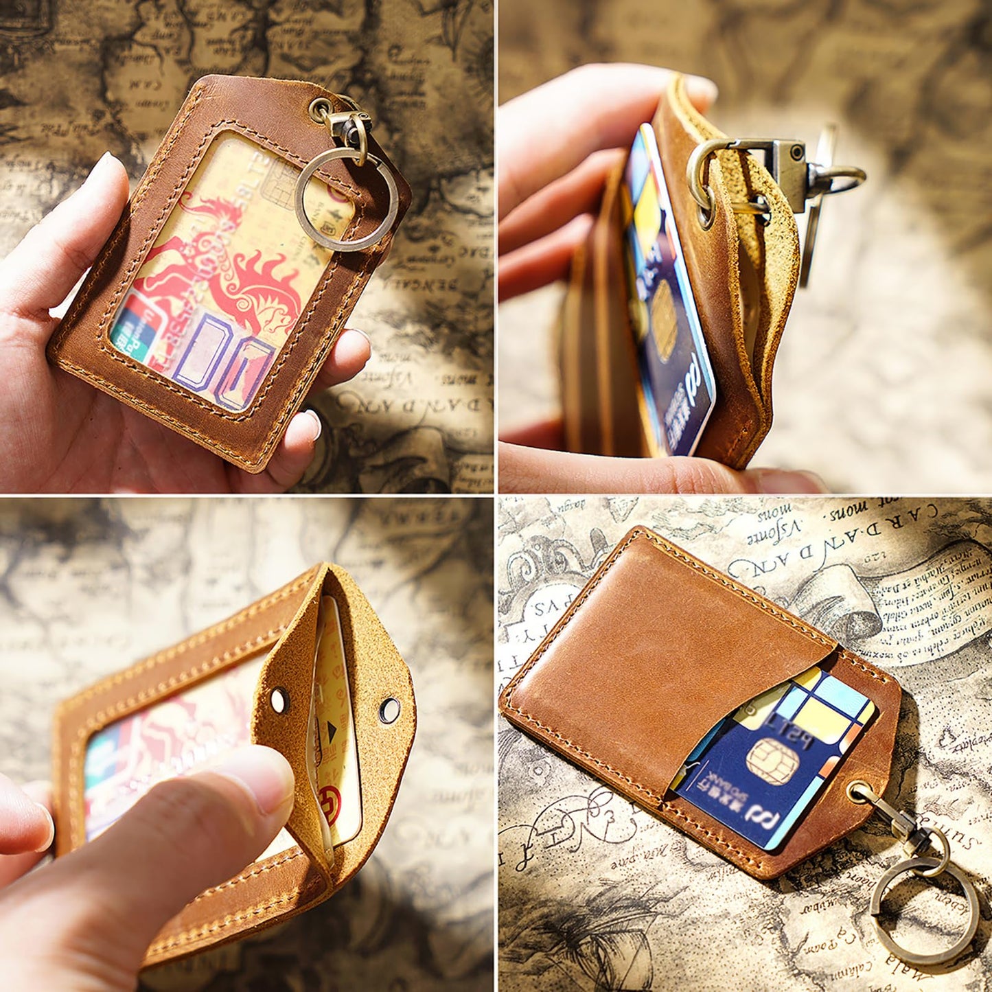 Badge Holder- Vertical Genuine Leather ID Badges Holder Durable Keychain ID Card Holder with Heavy Duty Neck Lanyard for Office, School, Conferences