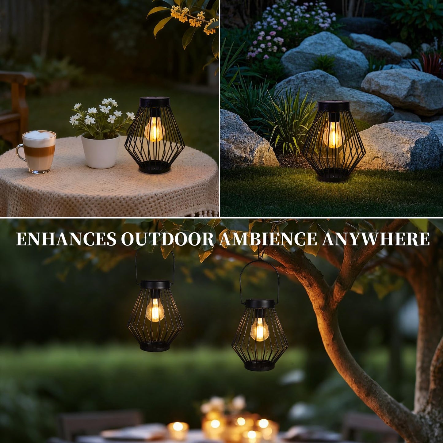 Solar Lanterns Outdoor Waterproof, 2 Pack Metal Decorative Hanging Lantern Lights with Warm White LED Bulb, Solar Powered Patio, Yard & Garden Decor, Ideal for Housewarming & Christmas Gifts