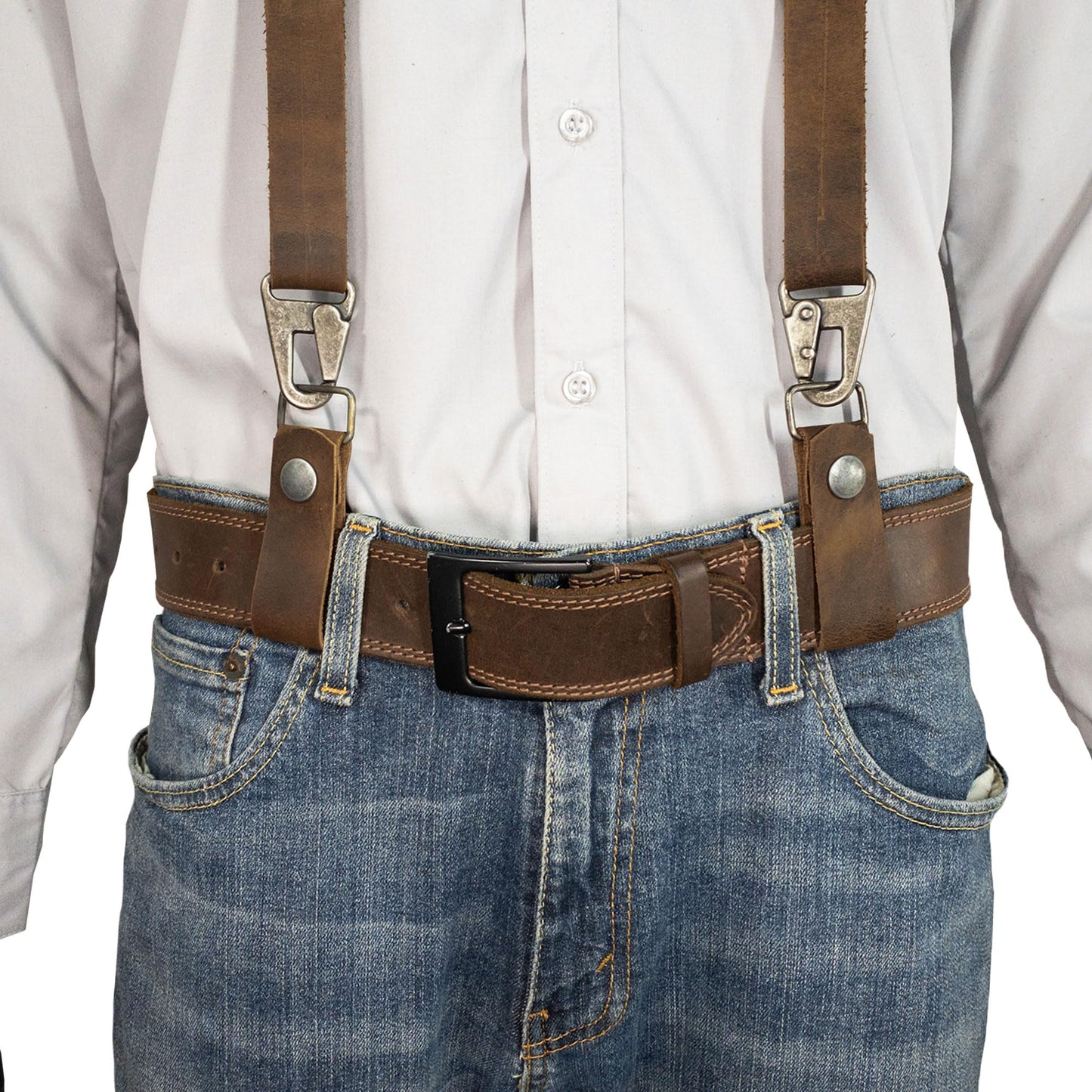 Hide & Groom, Set of 2 Suspender Loops Attachment for Men with Snap Closure, Heavy Duty, Wedding Accessories, Full Grain Leather, Handmade, Bourbon Brown