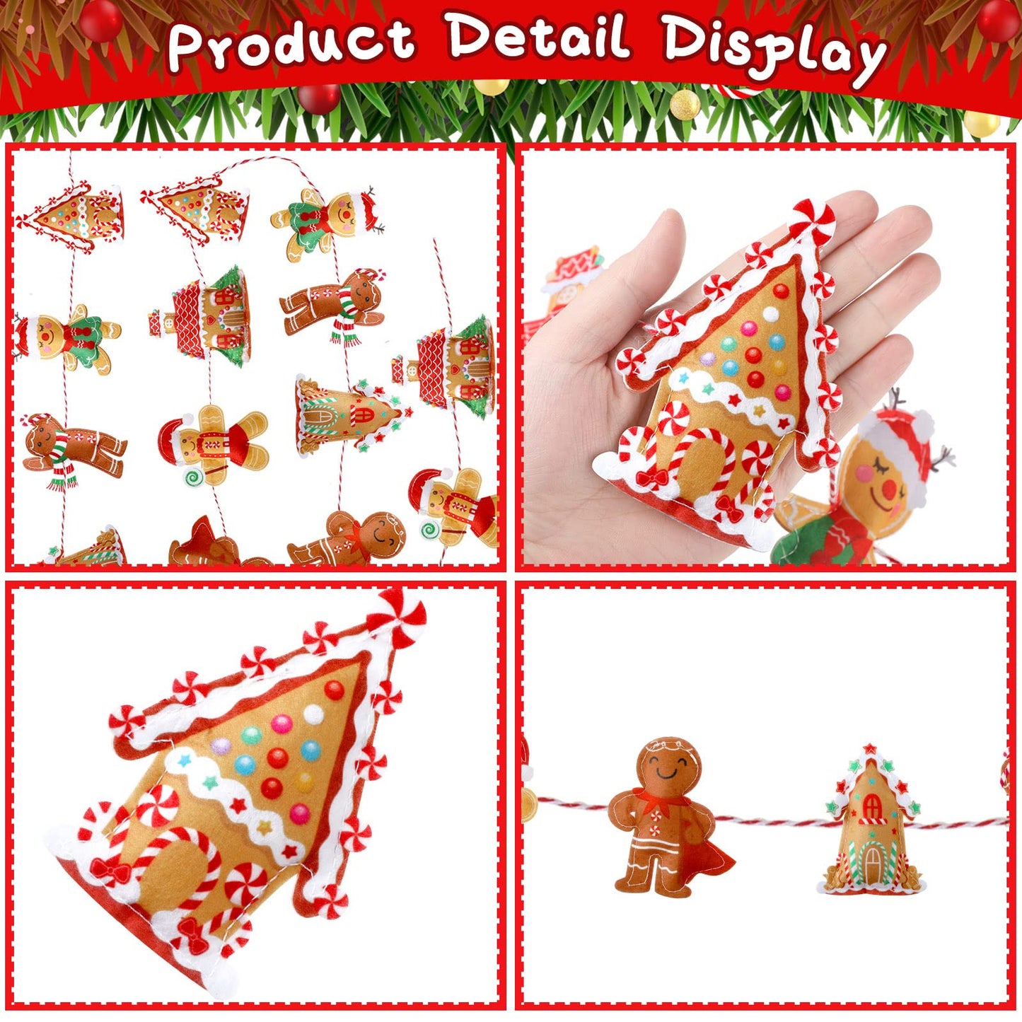 Generic 8.8 ft Gingerbread Christmas Garland Cute Gingerbread Men Christmas Tree Garland Felt Hanging House Xmas Home Bunting Banner for Tree Ornaments Party Holiday Wall Decor