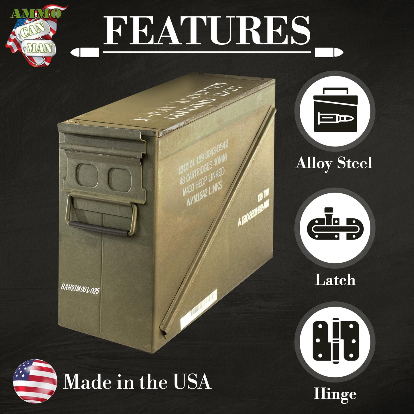 Metal Ammo Storage Box Holder Box (Olive Drab Green) - M548 20mm Ammo Can w/Front Metal Latch, Swing-Out Handle – Ideal Ammo Can Surplus - Waterproof Tool Boxes for Ammo & Emergency Supplies