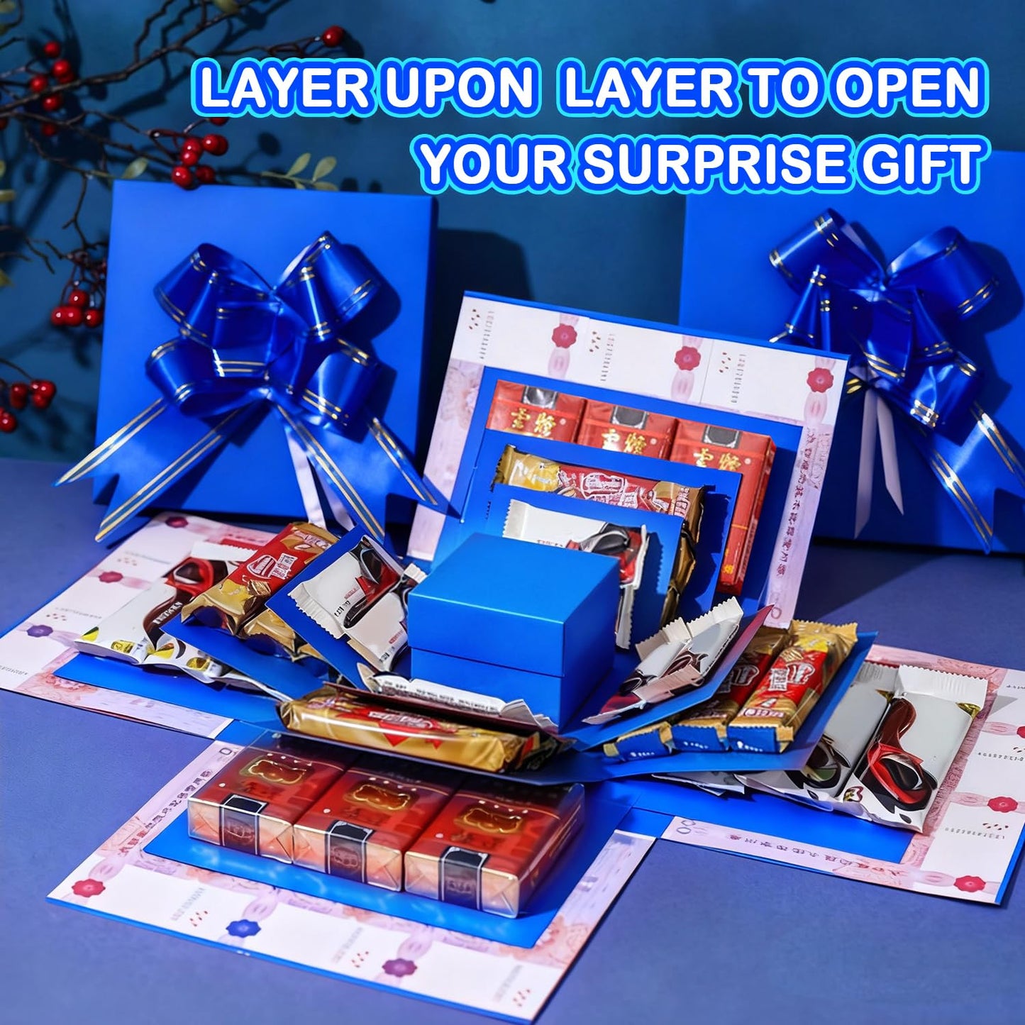 5-Layer creative explosion gift box, gift wrap box. Creating a 5-Layer of various gifts by yourself. An ideal, mysterious self-made gift for birthday, Christmas and anniversaries. (Blue, Square)