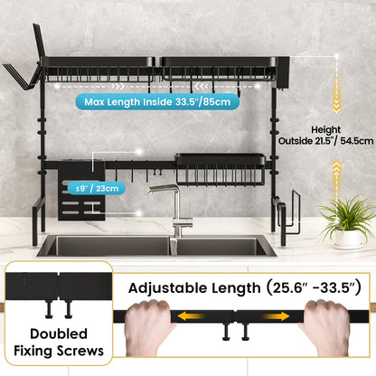 MERRYBOX Over The Sink Dish Drying Rack, 2-Tier Height:20.7in,Length:25.6-33.5in Adjustable,Stainless Steel Dish Drainer with Cutting Board Holder,Large Kitchen Dish Rack Counter Organizer Space Saver