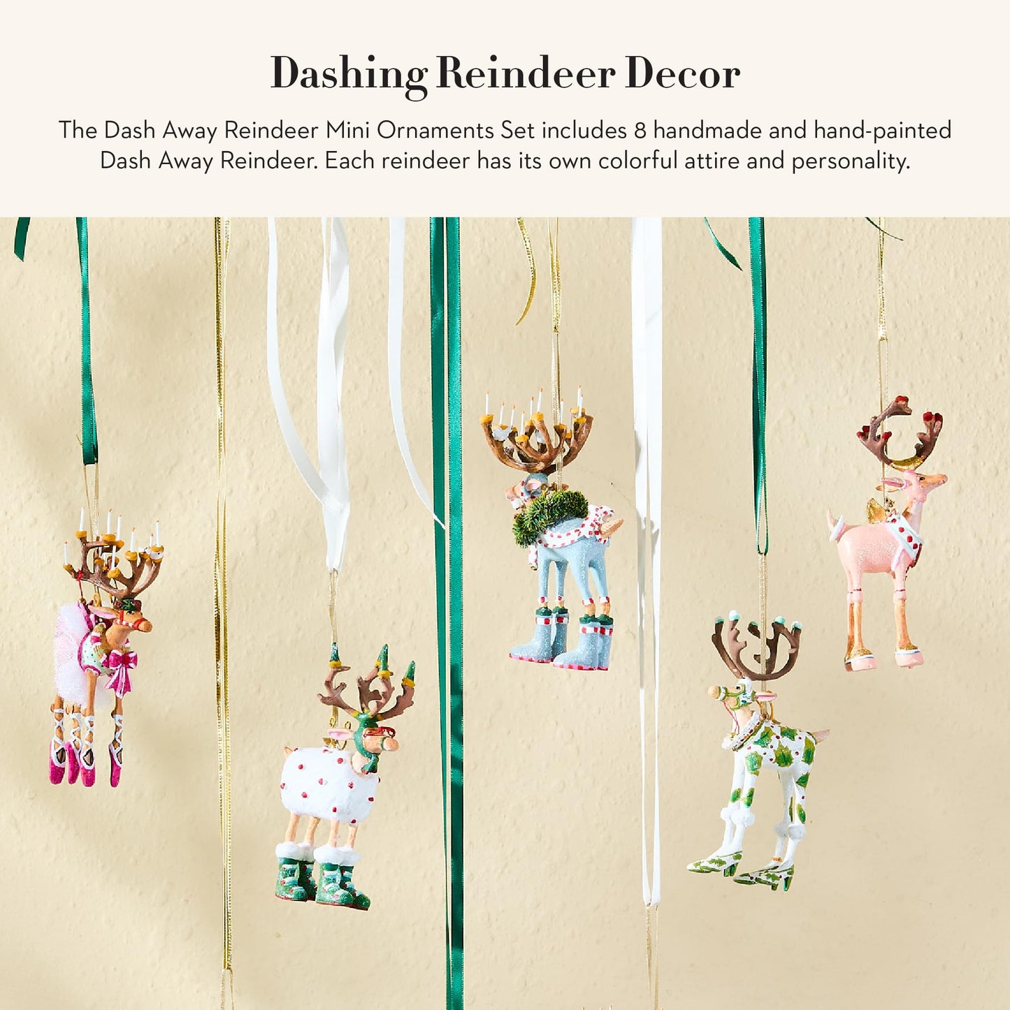 MACKENZIE-CHILDS Patience Brewster Dash Away Christmas Ornament, Indoor Christmas Decorations for the Christmas Tree, Mini Reindeer Set