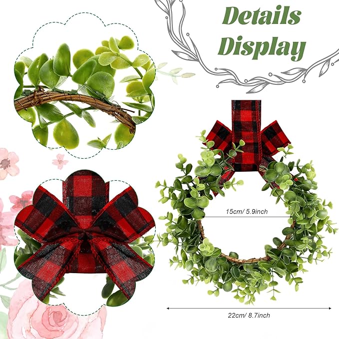 WILLBOND 4 Pcs Christmas Kitchen Cabinet Wreath Boxwood Garland with Ribbon Greenery Garland Hanging Wreaths for Cabinet Wall Window Door Fireplace Party Farmhouse Decor(Black and Red,Fabric)