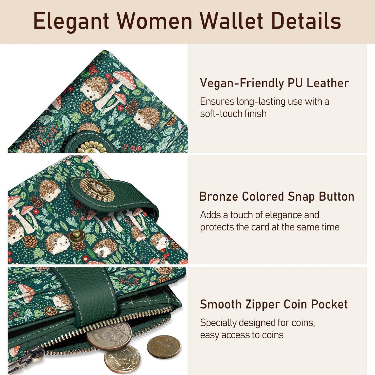 Kelvoris Cute Hedgehog Small Rfid Women Wallet Bifold Zipper Coin Pocket PU Leather Compact Cash Credit Card Holder Travel Wallet for Female Ladies Teen Girls 1 ID Window 10 Card Slots
