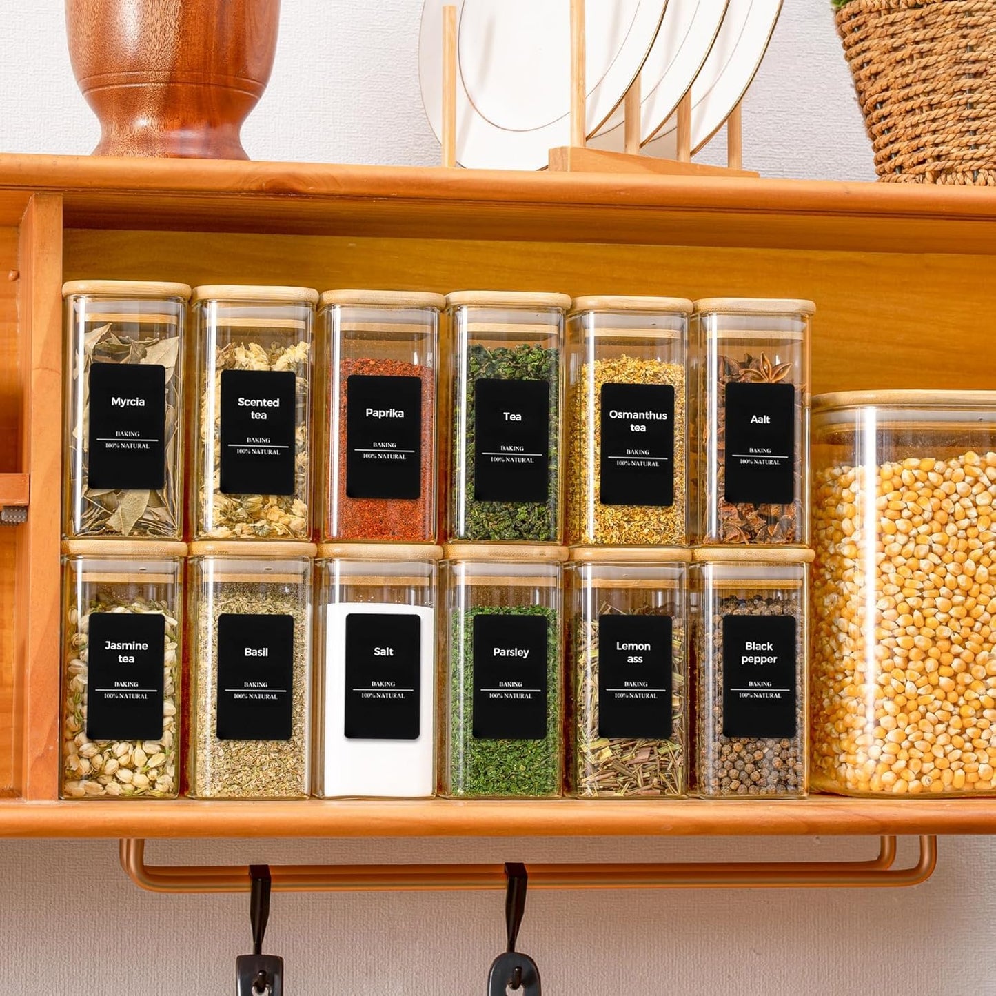 ComSaf 16Pcs Glass Spice Jars with Bamboo Lid, 4oz Airtight Square Spice Containers with 275 Black Lables, Empty Seasoning Jars for Spice Salt Sugar