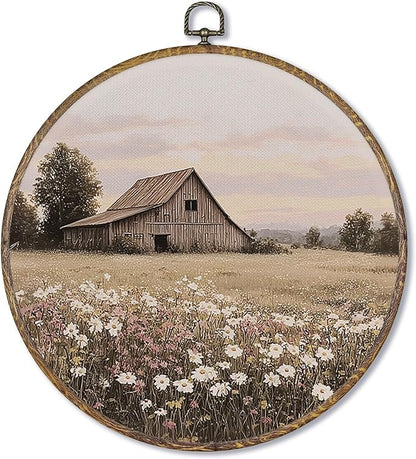 Fewgb Farmhouse Barn Wildflower Round Wall Art Decor Framed, Vintage Country Landscape Canvas Wall Art Prints Picture, Rustic Flower Hanging Room Decor Artwork for Gallery Bedroom Kitchen 10x10