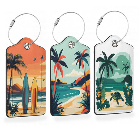 Tropical Turtle Beach Art 3 PCS Luggage Tags, Vintage Coastal Leather Suitcase Tags with Privacy Cover Name Address Labels and Durable Steel Loop for Men/Women Travel Bag Suitcases