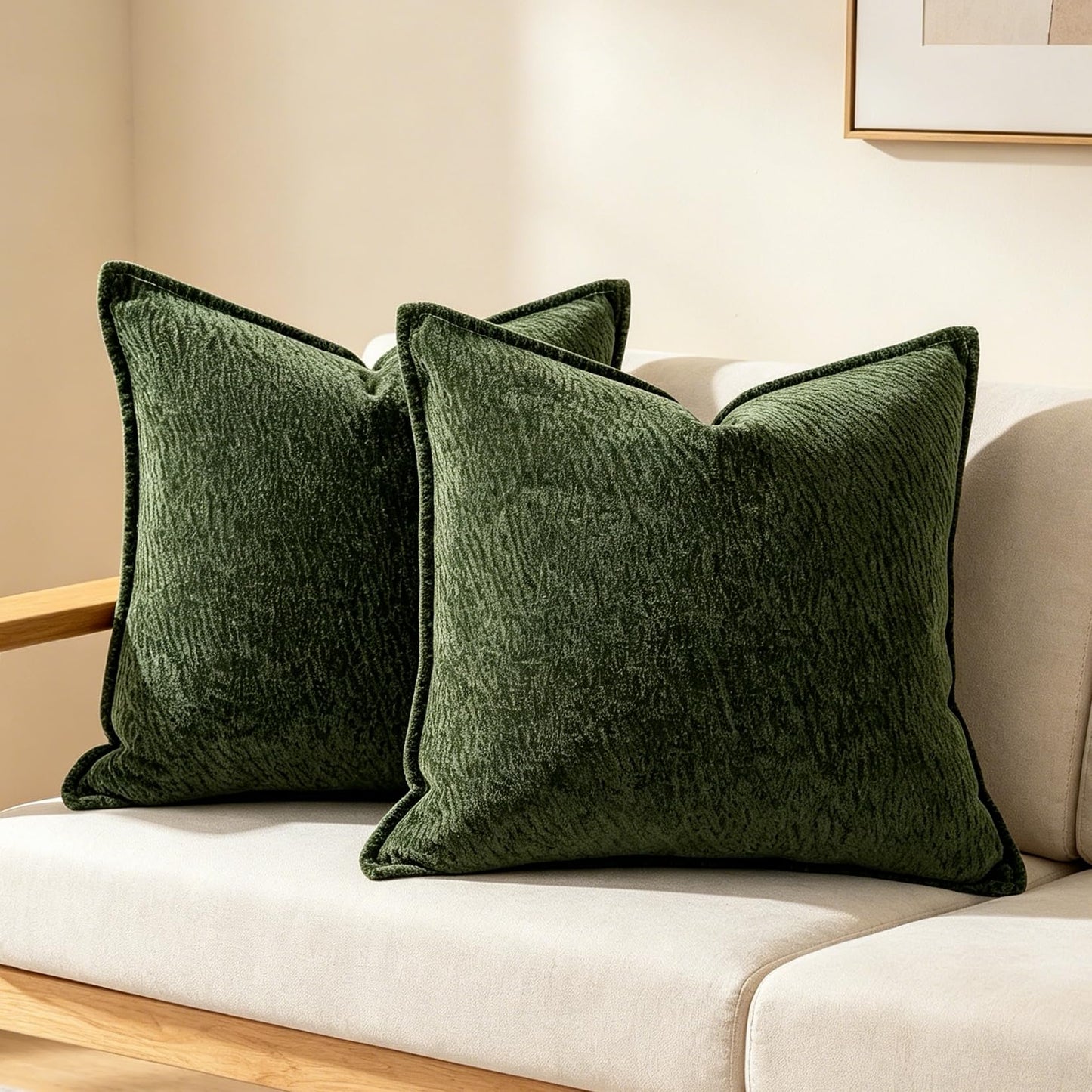 OYIMUA Chenille Throw Pillow Covers 20x20 Christmas Green Set of 2,Neutral Textured Square Decorative Pillow Covers Accent for Couch Sofa Bedroom Living Room