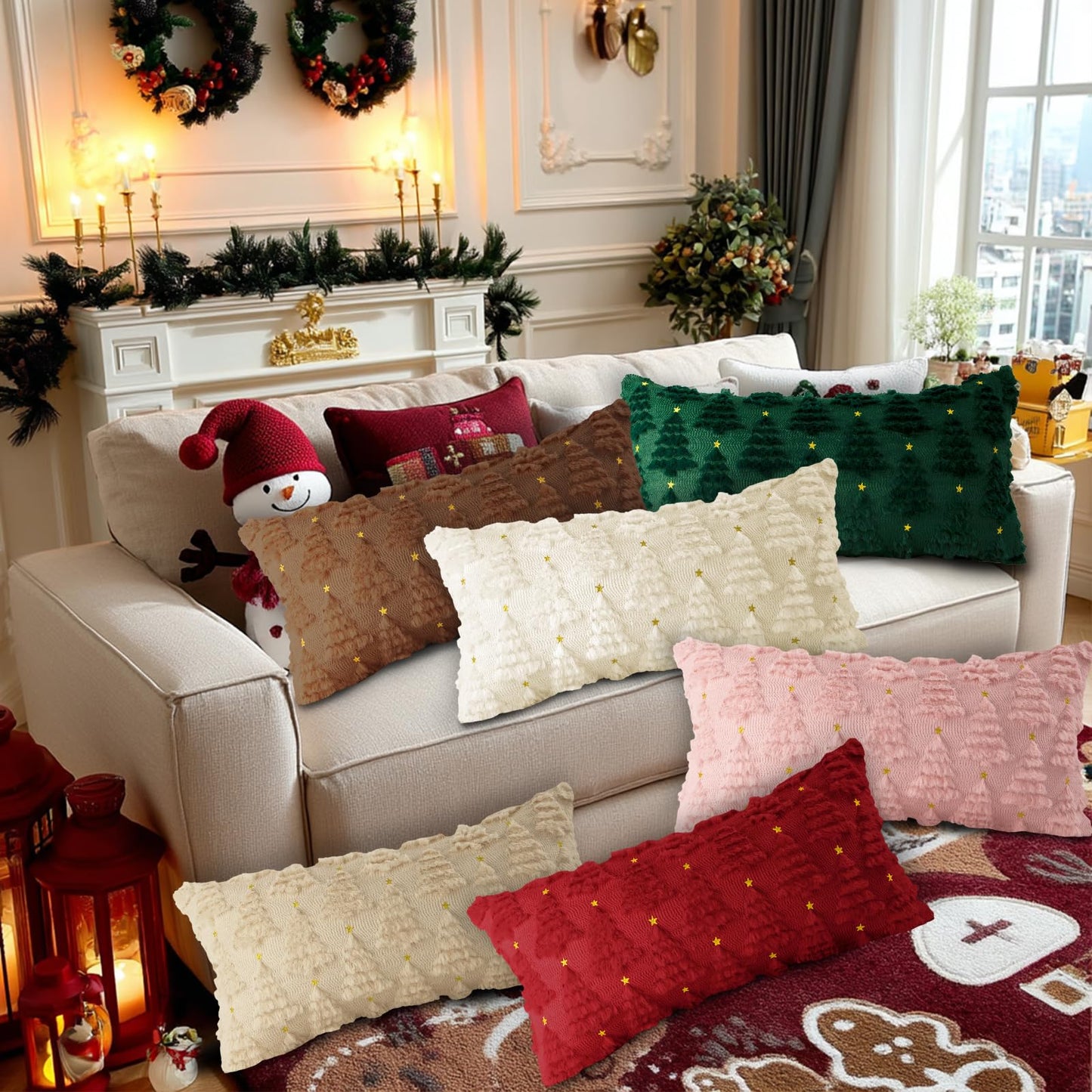 Lanpn Christmas 12x24 Throw Pillow Covers Set of 2, Winter Star Christmas Tree Throw Pillow Cases Soft Plush Faux Fur Wool 12 x 24 Winter Cushion Cover for Indoor Home Bedroom Couch Sofa Decor (Beige)