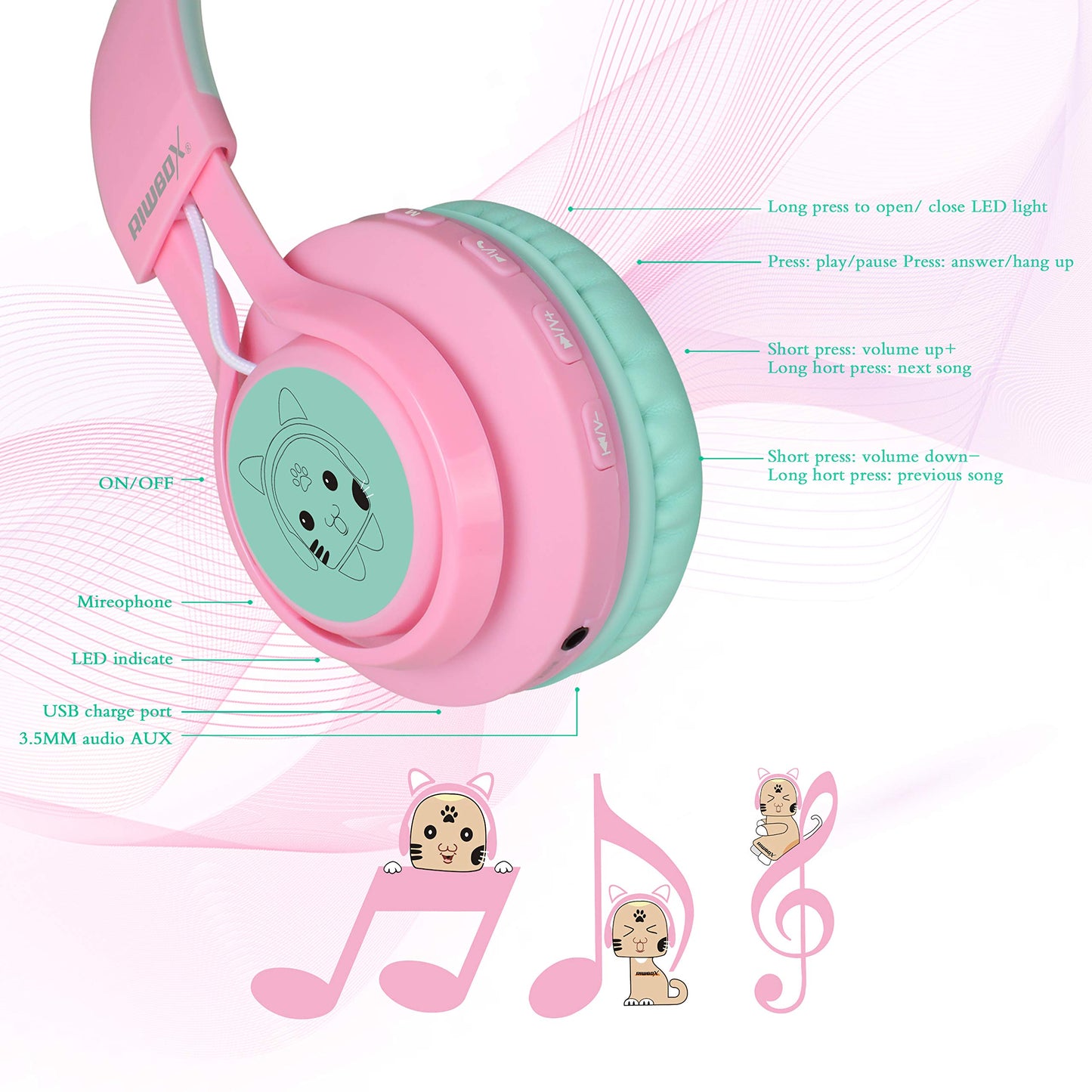 Riwbox CT-7 Cat Ear Bluetooth Headphones, LED Light Up Bluetooth Wireless Over Ear Headphones with Microphone and Volume Control for Travel/School/Smartphones/Laptop/PC/TV (Pink&Green)