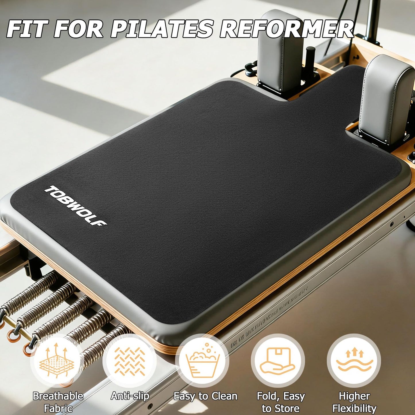 TOBWOLF Pilates Reformer Mat, 39" x 24" Non-Slip Suede Cover, Black