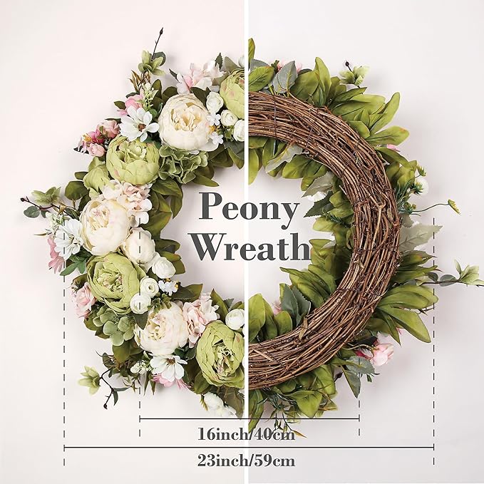 Peony Wreath 23" Floral Artificial Wreath for Front Door Wall Decor Home Décor Festival Celebration Wedding Party New Owners Seasonal Decoration Housewarming Gifts EZsenses (Green)