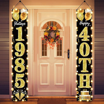 40th Birthday Party Banner Lighted Decorations for Men Women - Black Gold Vintage 1985 40th Birthday Decorations Door Banners with LED Light, Forty Years Birthday Party Supplies for Indoor Outdoor Decor