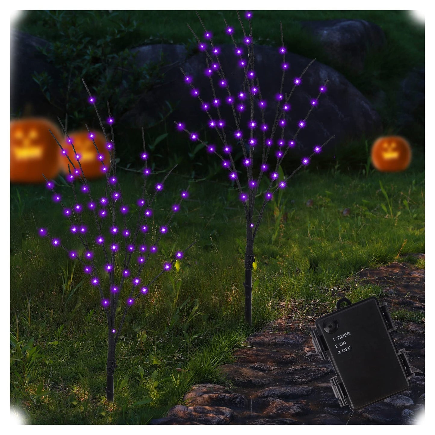 Lighted Halloween Tree Branches, 30IN 100LED Artificial Black Twig Branch with Purple Fairy Lights, Built-in Timer & Battery Operated, Waterproof for Indoor Outdoor Office Bedroom Party Decorations