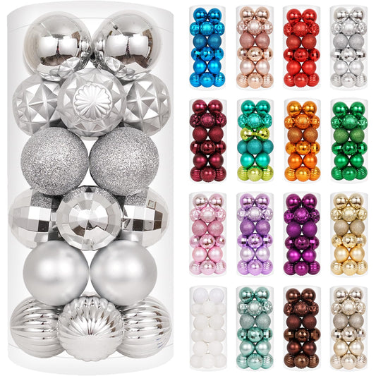 XmasExp 24ct Silver Christmas Ornaments for Tree Decorations, Small Shatterproof Christmas Ball Ornaments Set for Xmas Tree, Perfect Plastic Hanging Balls for Home Holiday Party Decor (1.57'', Silver)
