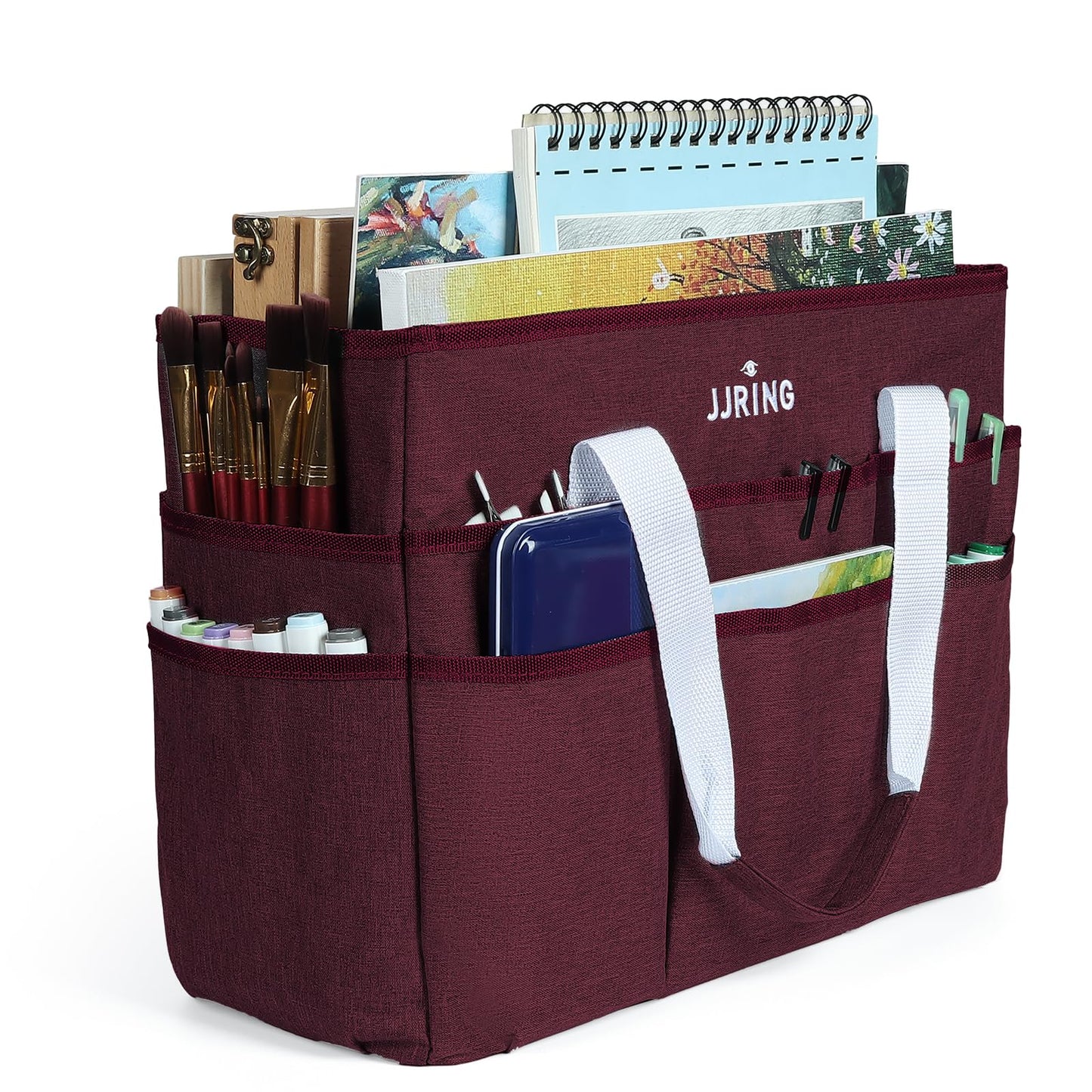 JJRING Craft Organizer Tote Bag, Large Art Storage Caddy with Multiple Pockets, Dark Red Sewing Bag for Art, Craft, Scrapbooking, Medical, and Office Supplies Storage