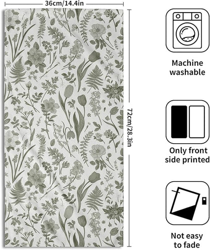 Spring Floral Hand Towels for Bathroom Set of 2 Sage Green White Flower Leaves
