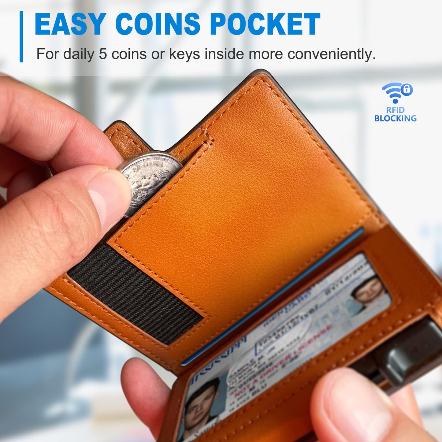 Plinvo Men's Slim Genuine Leather Wallet with Money Clip, Coin Pocket, RFID Blocking, ID Window (Burnt Umber)