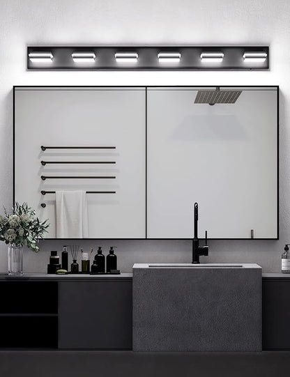 VOLISUN Modern Bathroom Vanity Light Fixtures (6-Light, 48-Inch), Matte Black LED Bathroom Lighting Fixtures Over Mirror, 360°Rotatable Head, LED Vanity Lights for Bathrooms (Cool White 6000K)
