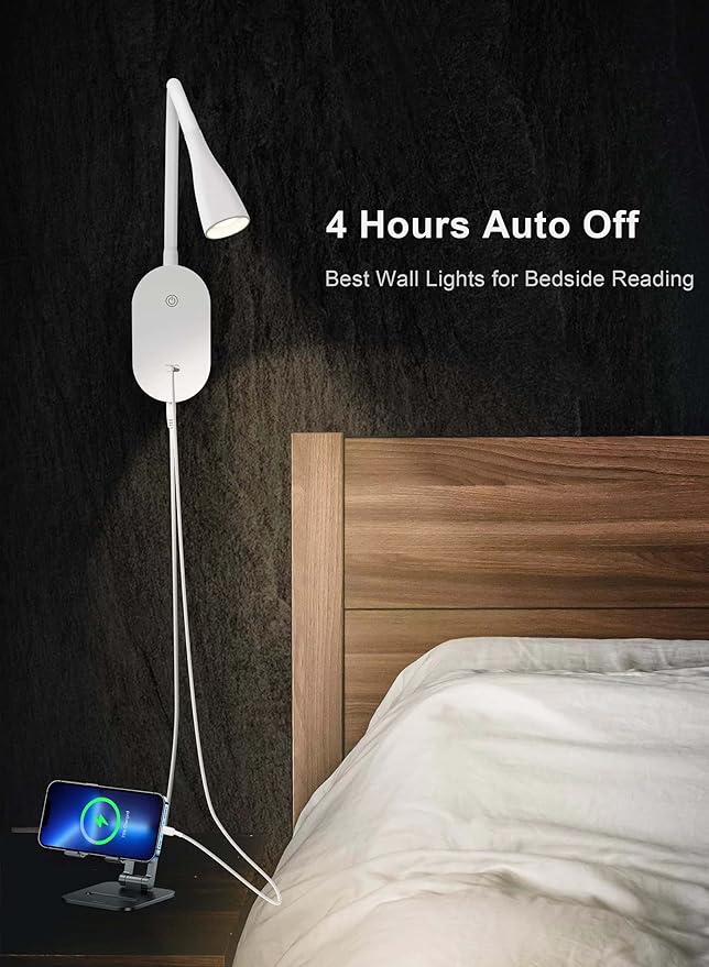 deeloop LED Wall Mount Reading Light for Bed, Reading Lamp with USB Output 5 Brightness Levels Touch Control Book Lights, 4000K Bedside Lamp Flexible Gooseneck, 2 Easy Install Options