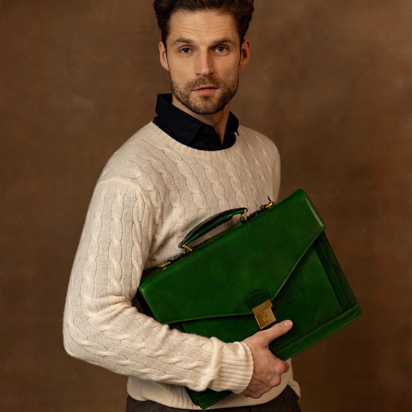Time Resistance Leather Briefcase for Men - Business Laptop Bag - Italian Handmade Leather Bag - Attache - Gift Box Included (Green)
