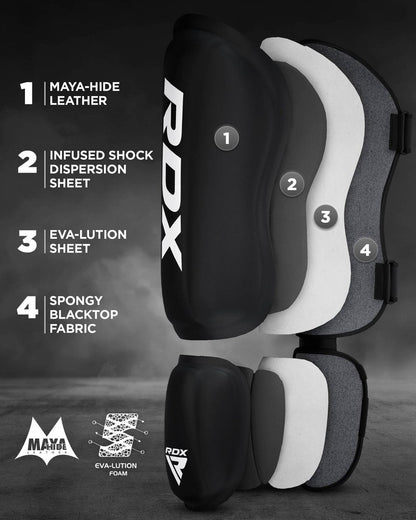RDX Shin Guards Kickboxing Muay Thai, SATRA SMMAF Approved, Premium Maya Hide Leather, Leg Instep Protection Pads, MMA Martial Arts Kicking Sparring Training Gear, BJJ Karate Boxing Taekwondo, Black