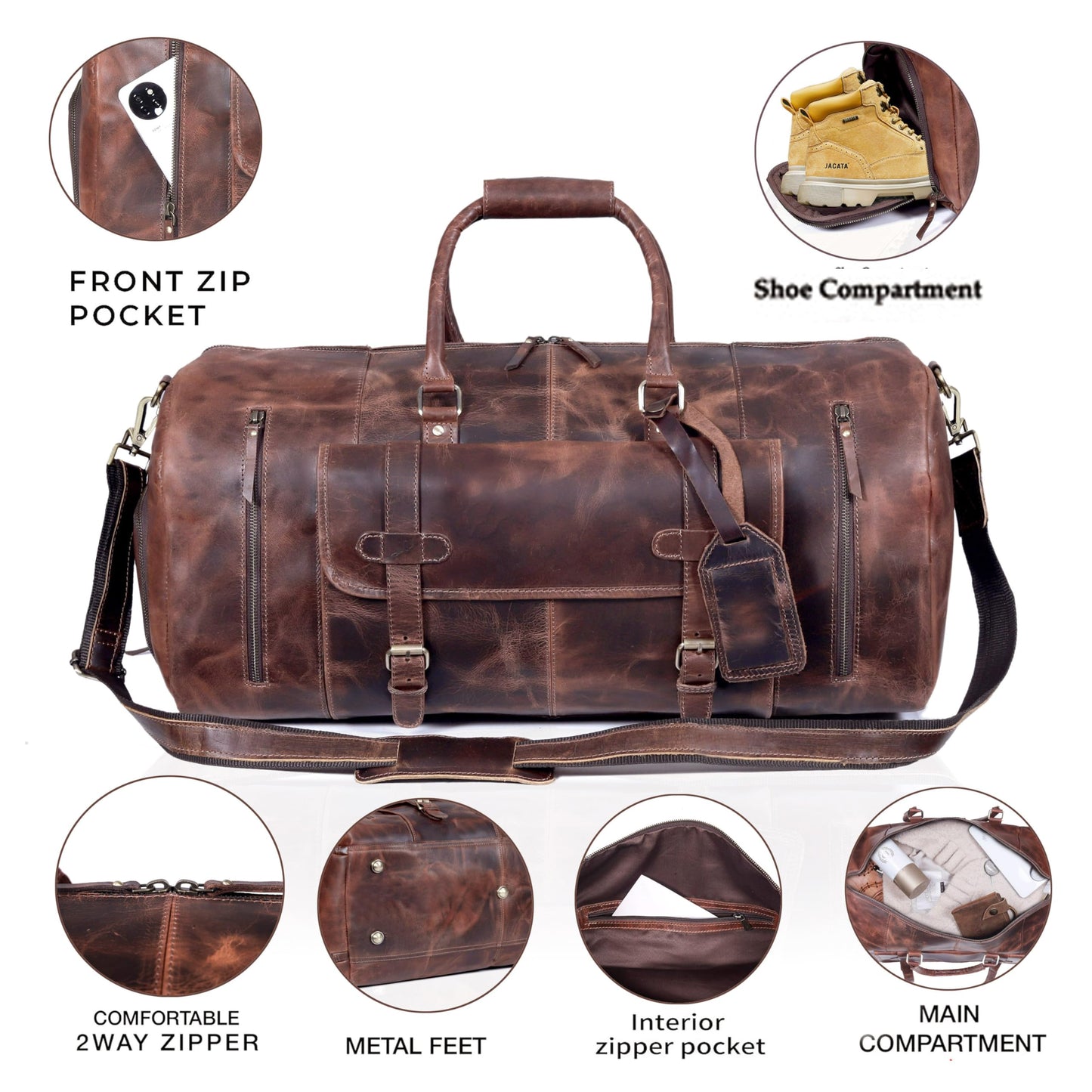 Cureo 24 Inch Genuine Leather Duffle Bag for Men and Women Travel Overnight Weekender Sports Gym Carry on Luggage