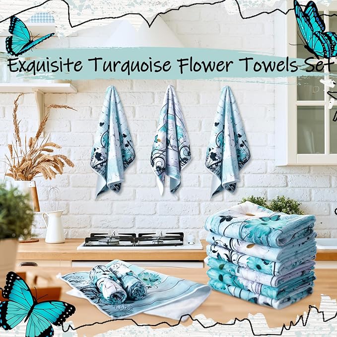 Breling Set of 6 Teal Daisy Kitchen Towel Vintage Themed Dish Towel Turquoise