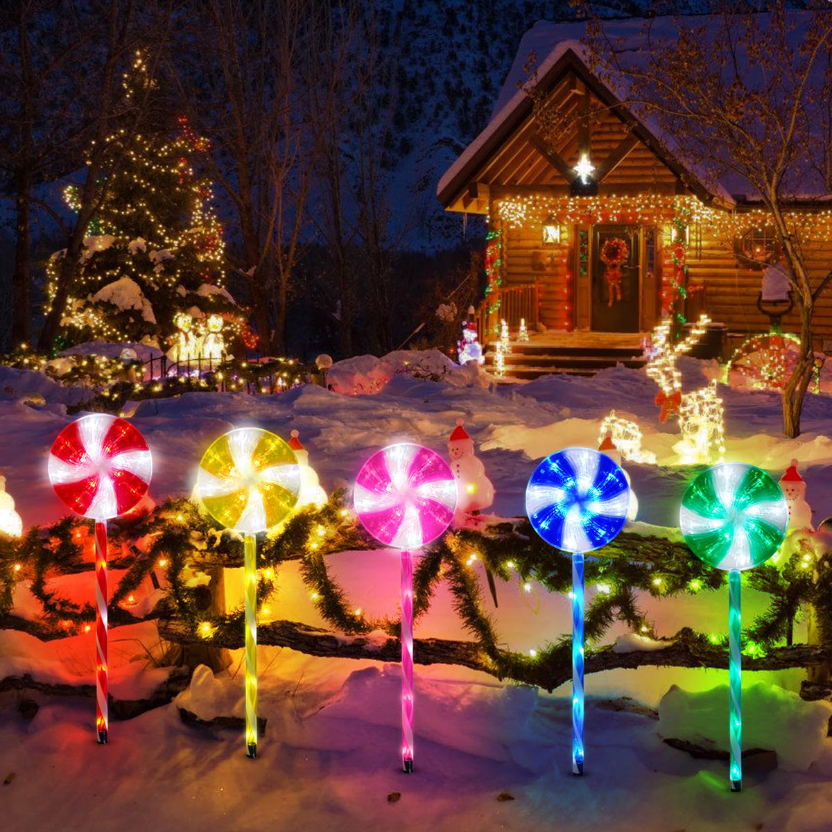 Outdoor Christmas Decorations Solar Pathway Lights, Set of 5 Lollipops Peppermint Stake Lights, 8 Modes Candy Cane Walkside Lights, Outdoor Xmas Decoration for Walkway,Yard