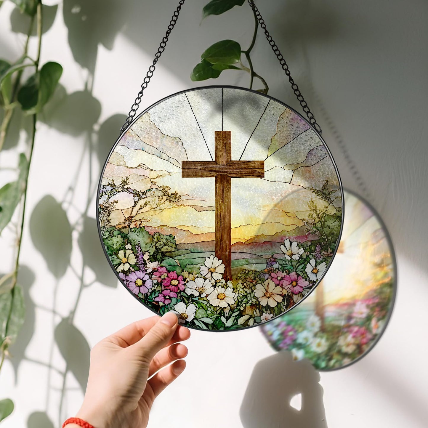 8 Inch Stained Glass Cross and Wildflowers Suncatcher Christian Stained Glass Windows Hanging Flower Cross Gift for Religious Easter Faith Christian Gifts Religious Home Decor