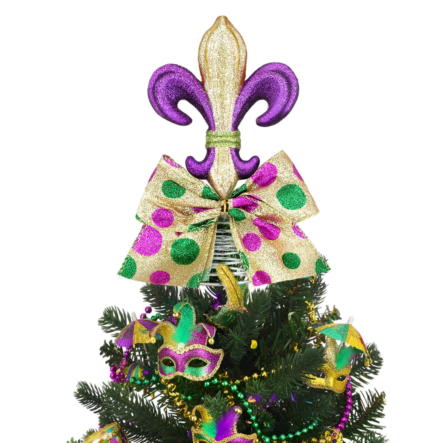 PullCrease Mini Mardi Gras Tree Topper 5.9 Inch Purple Green Gold Bow Tree Topper Mardi Gras Ornament Decoration for Carnival Holiday Party Festive Home Decor
