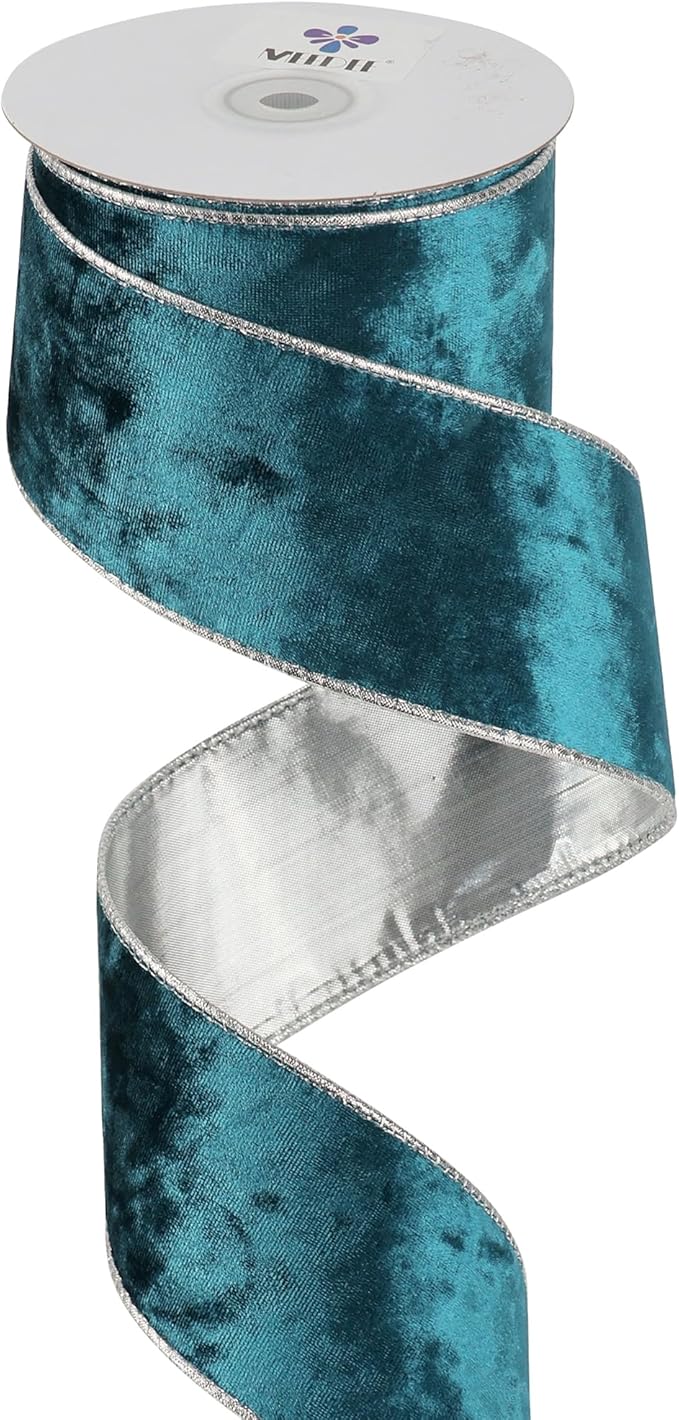 MEEDEE Crushed Teal Velvet Ribbon with Silver Back Double Sided 2.5 inch 10 Yards Blue and Gray Wired Ribbon for Christmas Tree, Wreath Supplies, Crafts Bow, Garlands, Seasonal Decorations