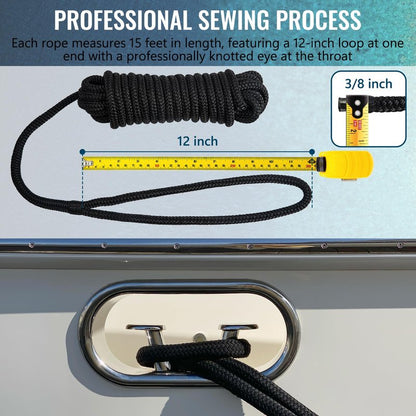 PropelTech 4 Pack 3/8" x 15’ Boat Dock Lines for Boat & Pontoon, Premium Marine- Grade Double Braided Nylon Dock Line, Pre-Spliced with a 12" Eyelet-Black,Boating Gifts for Men