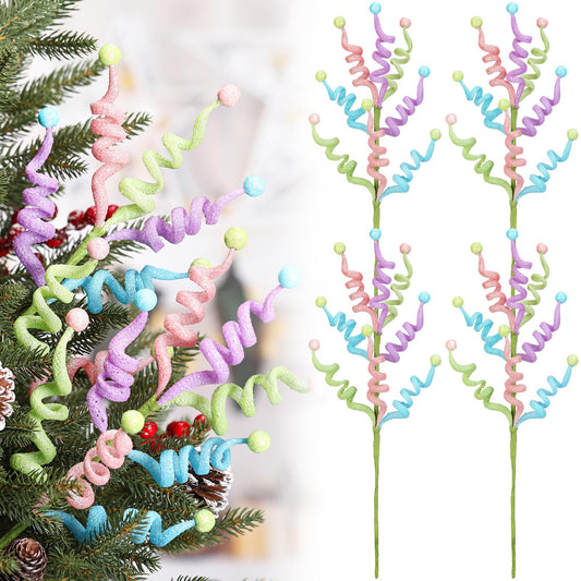 Vertintong 4 Pcs 16.5 inch Christmas Pastel Tree Picks Glitter Curly Spray Tree Topper Decorations Candy Cane Style Frosted Spiral Stems for Xmas Party Wreath Vase Garland Home Centerpieces