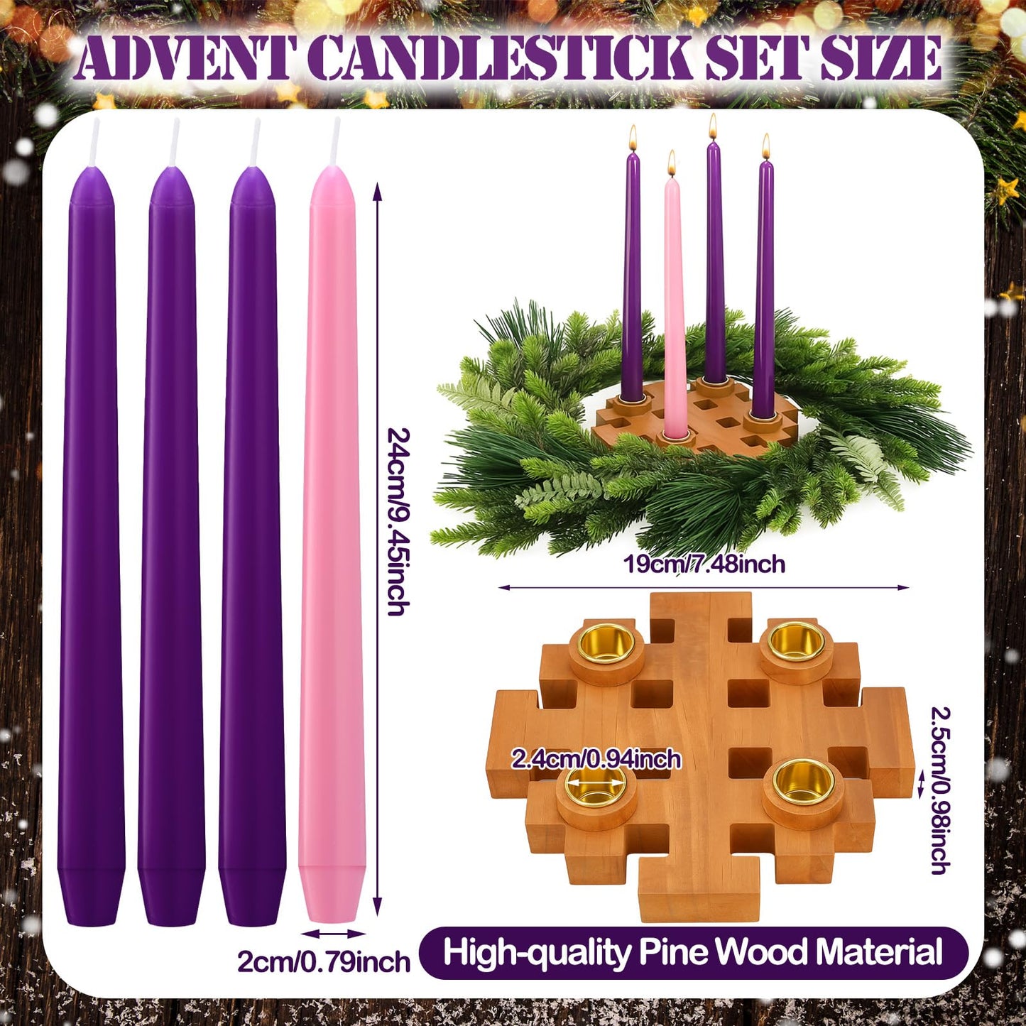 Mumufy 5 Pcs Advent Candle Holder Set Christmas Centerpiece Religious Decorations Snowflake Shape Wooden Advent Candlestick Holders with Purple Pink Taper Candles for Thanksgiving Christmas Nativity