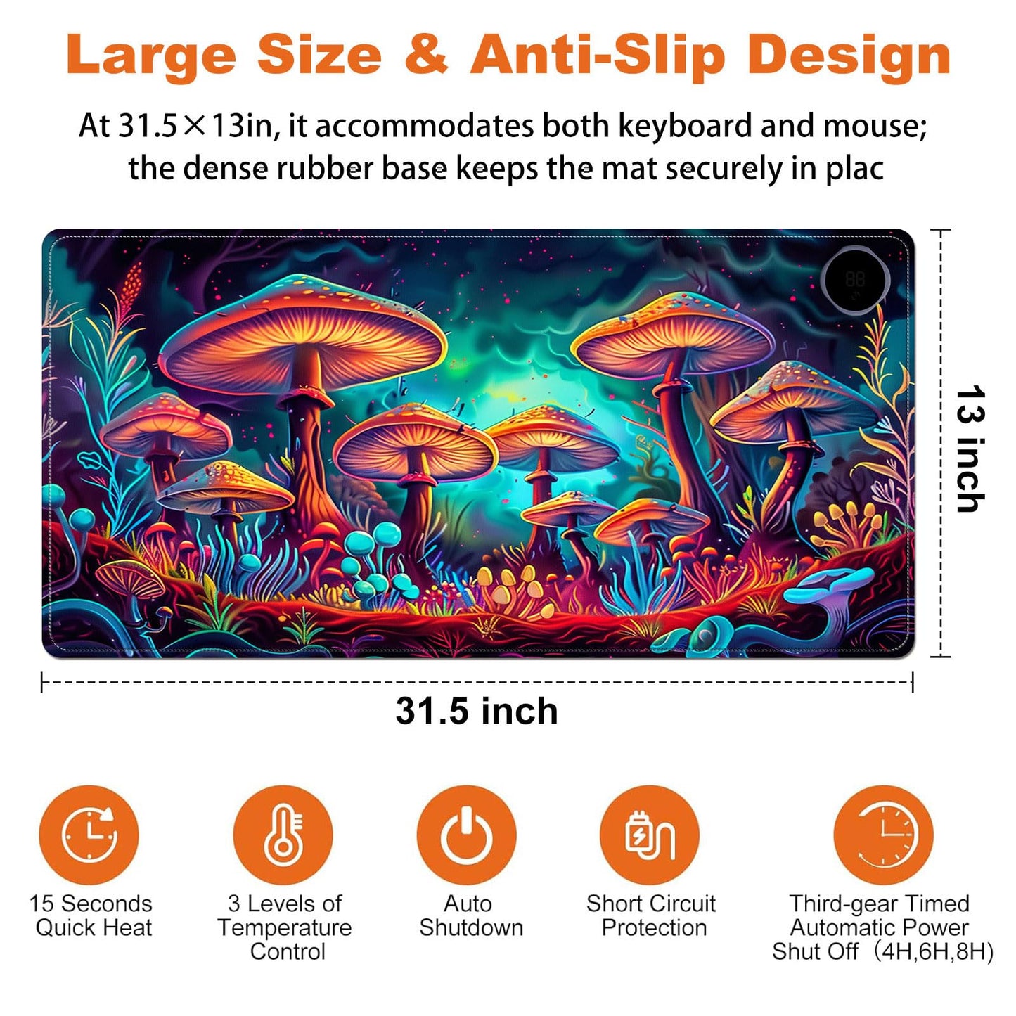 Heated Mouse Pad for Desk 31.5" x 13" – PU Leather Warm Desk Pad with 3 Heat Levels (104°F/113°F/122°F), Plug-in Electric Heating Mat with Auto Shut-Off, Waterproof & Rollable, Mushrooms