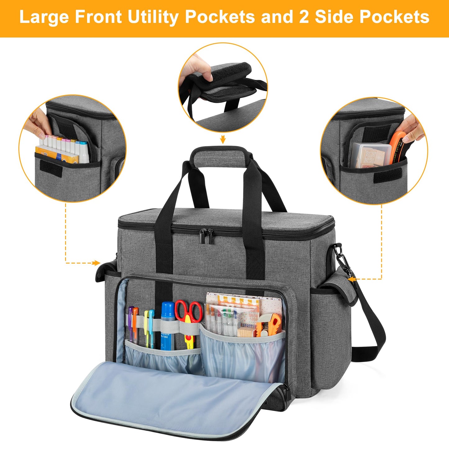 Trunab Large Scrapbook Bag with Padded Laptop Sleeve, Craft Bag Organizer Tote with Multiple Pockets for Scrapbooking Supplies and Art Tools, Grey