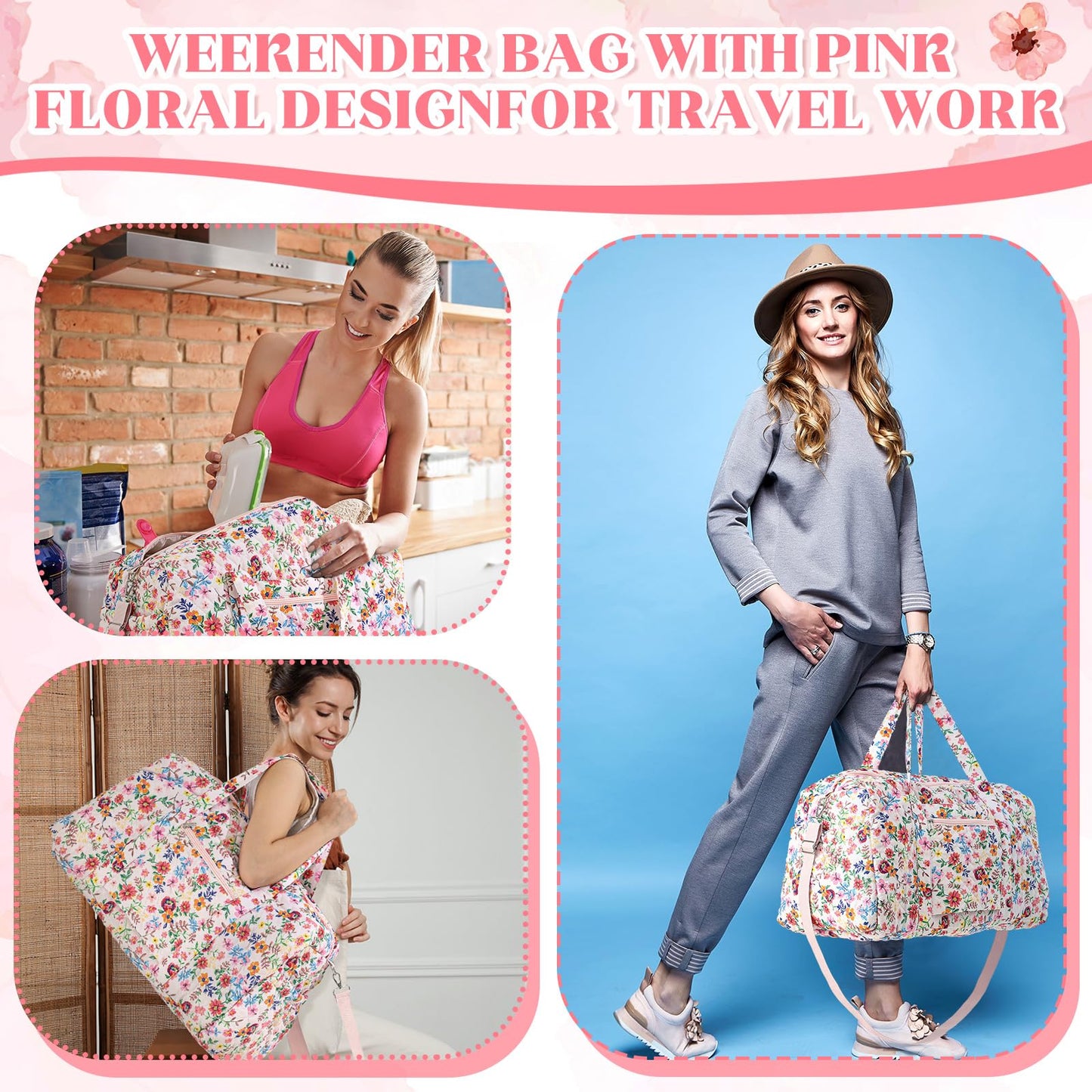 Dansydaisy Large Quilted Travel Duffle Bag for Women Floral Portable Gym Weekender Bag with Zipper Pockets Workout Grocery Pouch Duffle Gift Pouch for Work(Pink Floral)