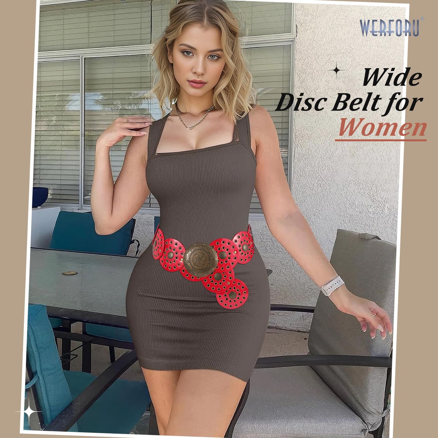 WERFORU Women Wide Western Disc Belt Cowgirl Boho Leather Belt for Jeans Dress