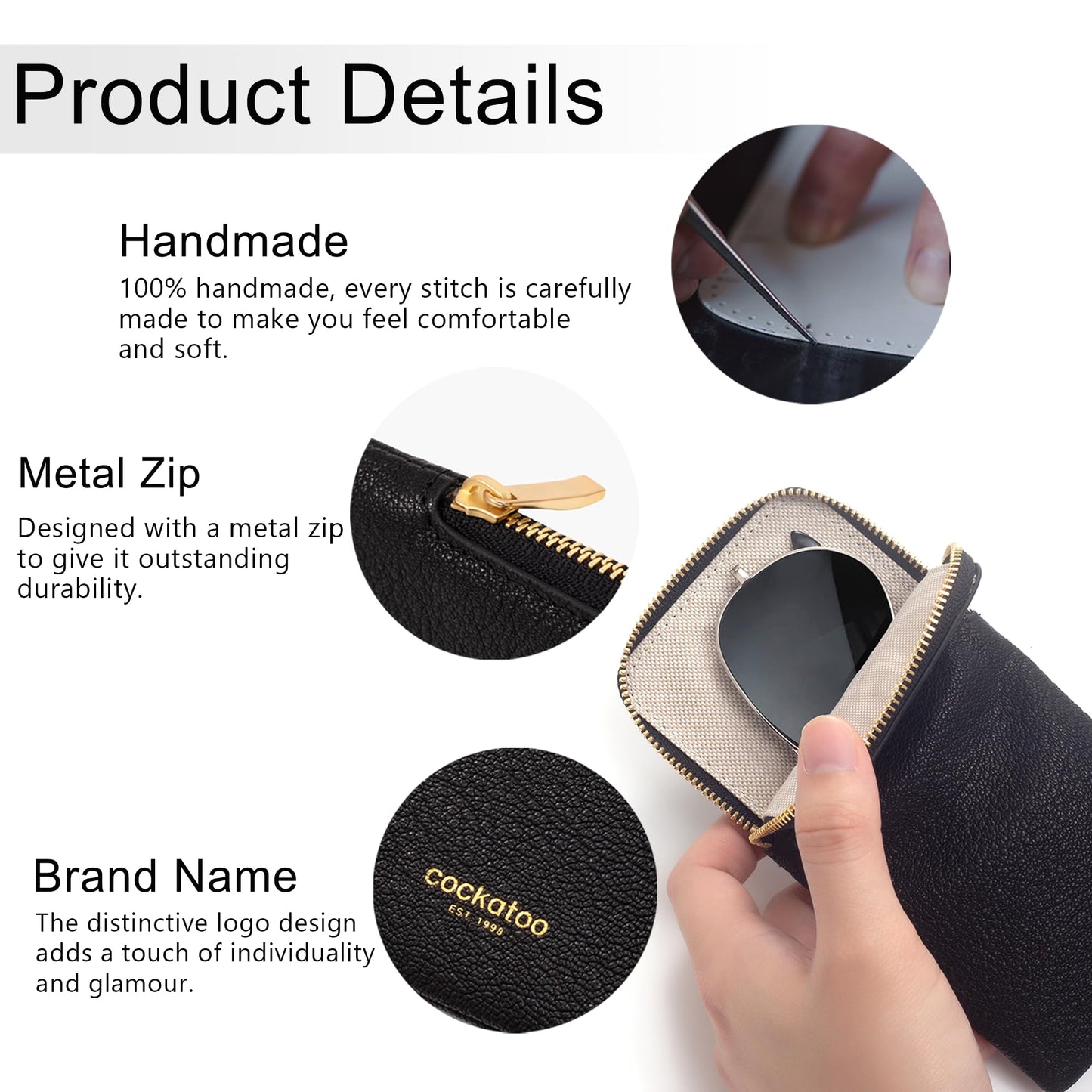 Cockatoo Sunglasses Leather Soft Case Zipper Eyeglass Pouch for Women Men (BLACK)