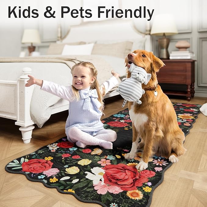 Kitchen Rug Runners for Hallways: 2x6 Washable Runner Rugs for Kitchen Ultra Thin Stain Resistant Non Slip Low Pile Lightweight Vintage Floral Carpet for Laundry Room, Bedside Decor (Black)