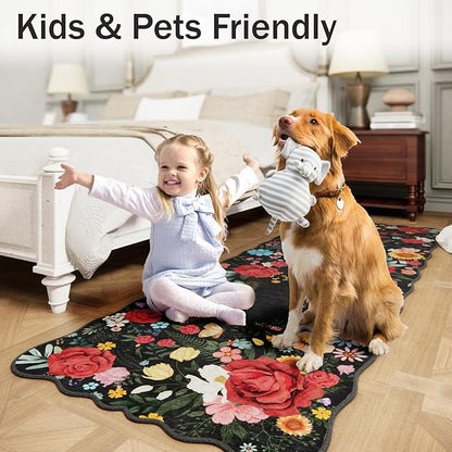 Washable Rugs for Living Room: 5x7 Area Rugs for Bedroom Soft Ultra Thin Stain Resistant Non Slip Low Pile Lightweight Vintage Floral Carpet for Dining Room Decor (Black)