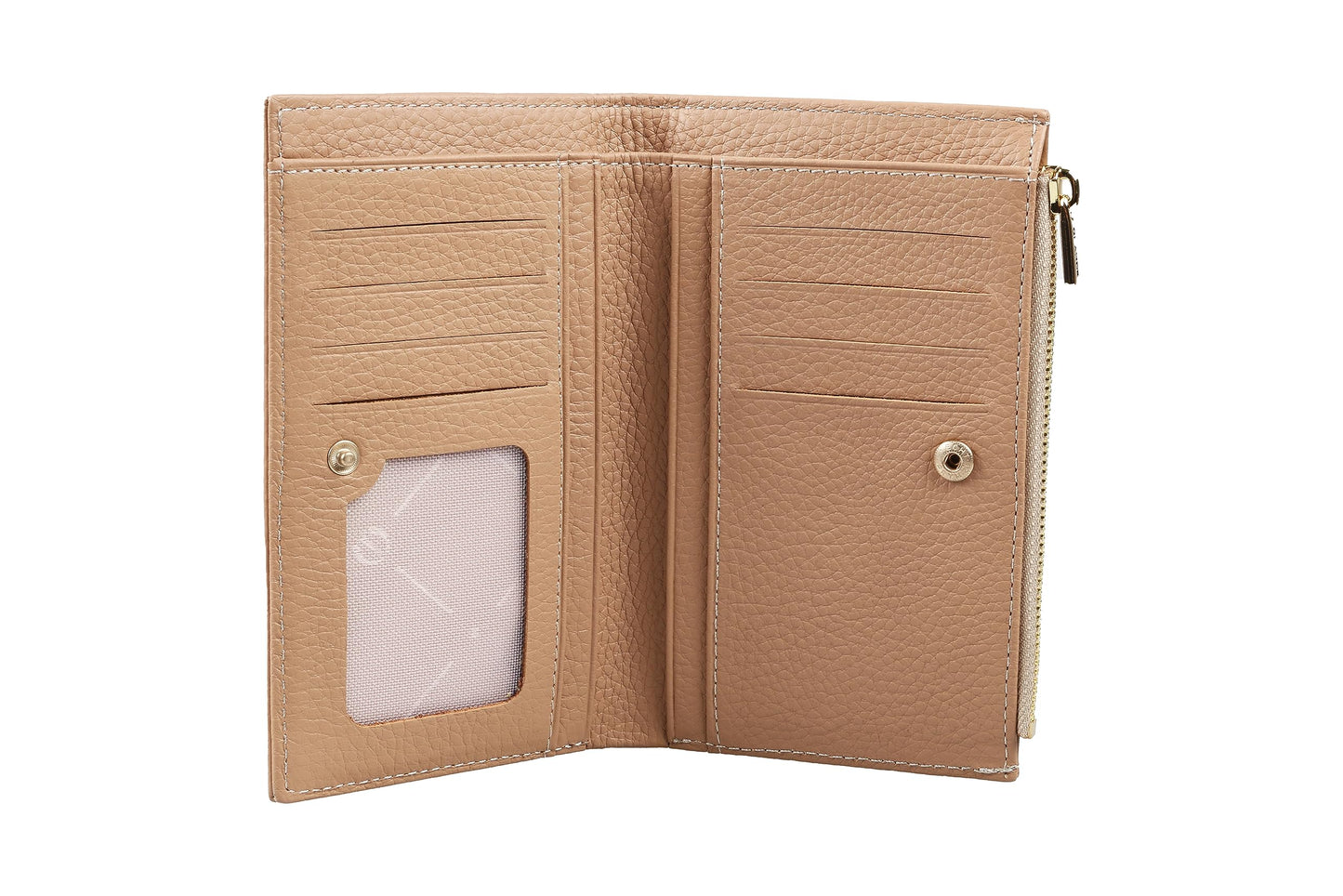 grande 2804 Genuine Leather Medium Bifold Wallet For Women Minimalist Wallet Ladies Zippered Mini Purse Small Card Holder (Cookie)