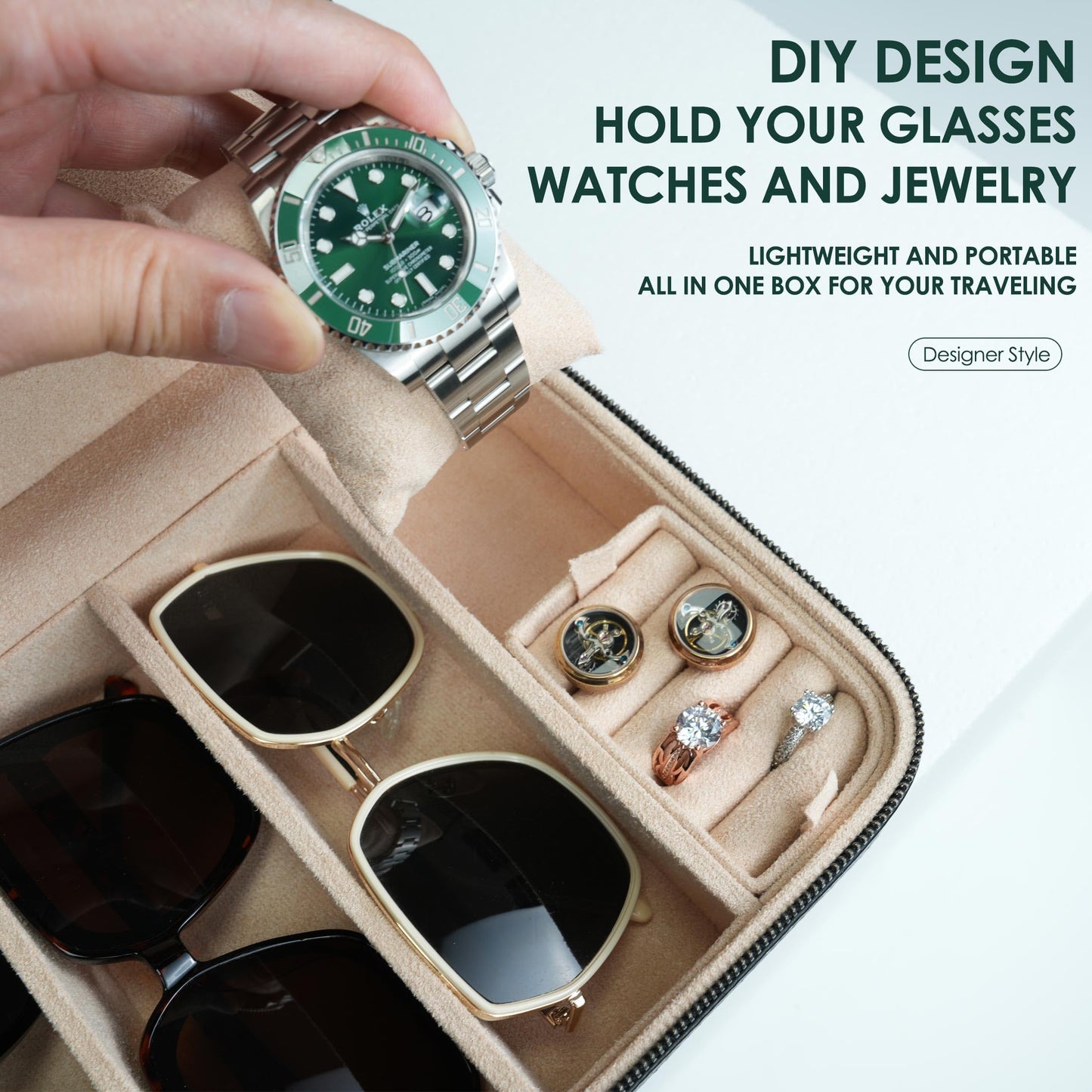 SYENS 4 Slot Sunglasses Travel Case, Real Leather Eyeglasses Storage Box, DIY Organizer Glasses/Jewelry/Watch Display Case for Women Men (4 slot_Black Leather)