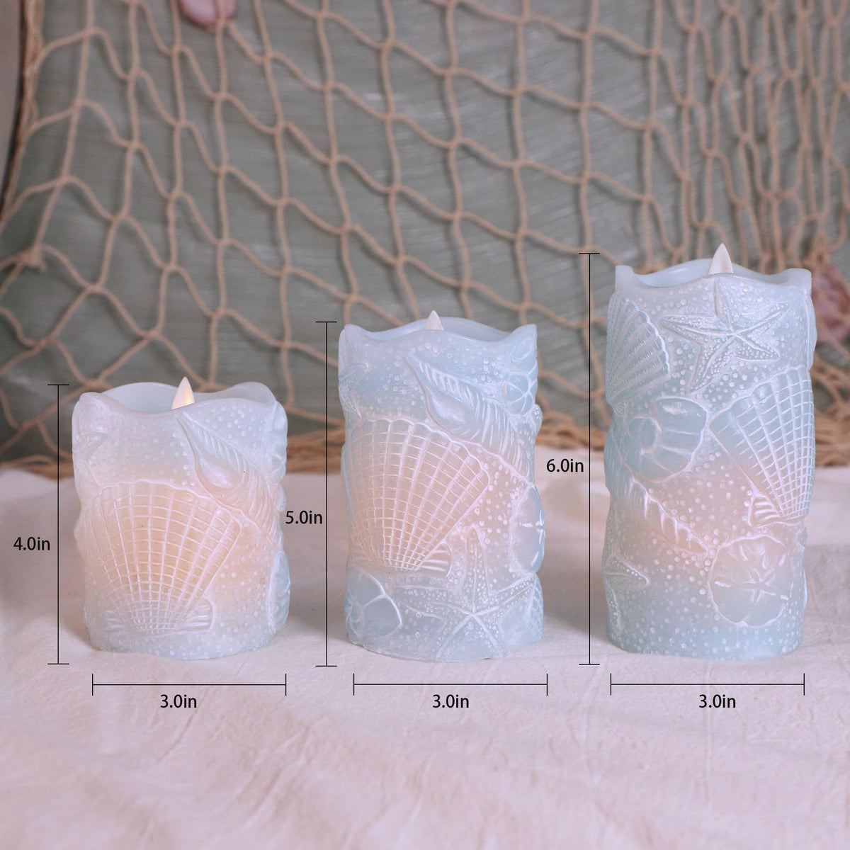 Silverstro Ocean Flameless Candles Remote Carved Seashell Real Wax Flicker Battery Operated Candles for Home Party Wedding Nautical Thanksgiving Christmas Easter Decor - Set of 3(Blue)