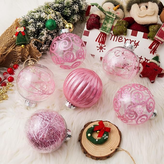 XmasExp 8ct Christmas Ball Ornaments Set -Large Clear Plastic Shatterproof Xmas Tree Ball Hanging Baubles Stuffed Delicate Glittering for Holiday Wedding Xmas Party Decoration (100mm/3.94",Pink)