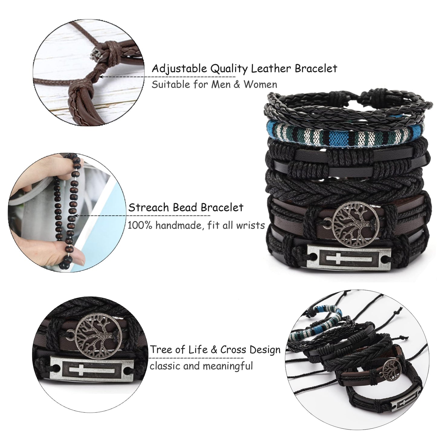 FIRAZIO 27Pcs Braided Leather Bracelets for Men Women Wrap Wood Beads Cuff Bracelet Hemp Cords Ethnic Tribal Handmade Wrap Wristband Bracelets Set Adjustable